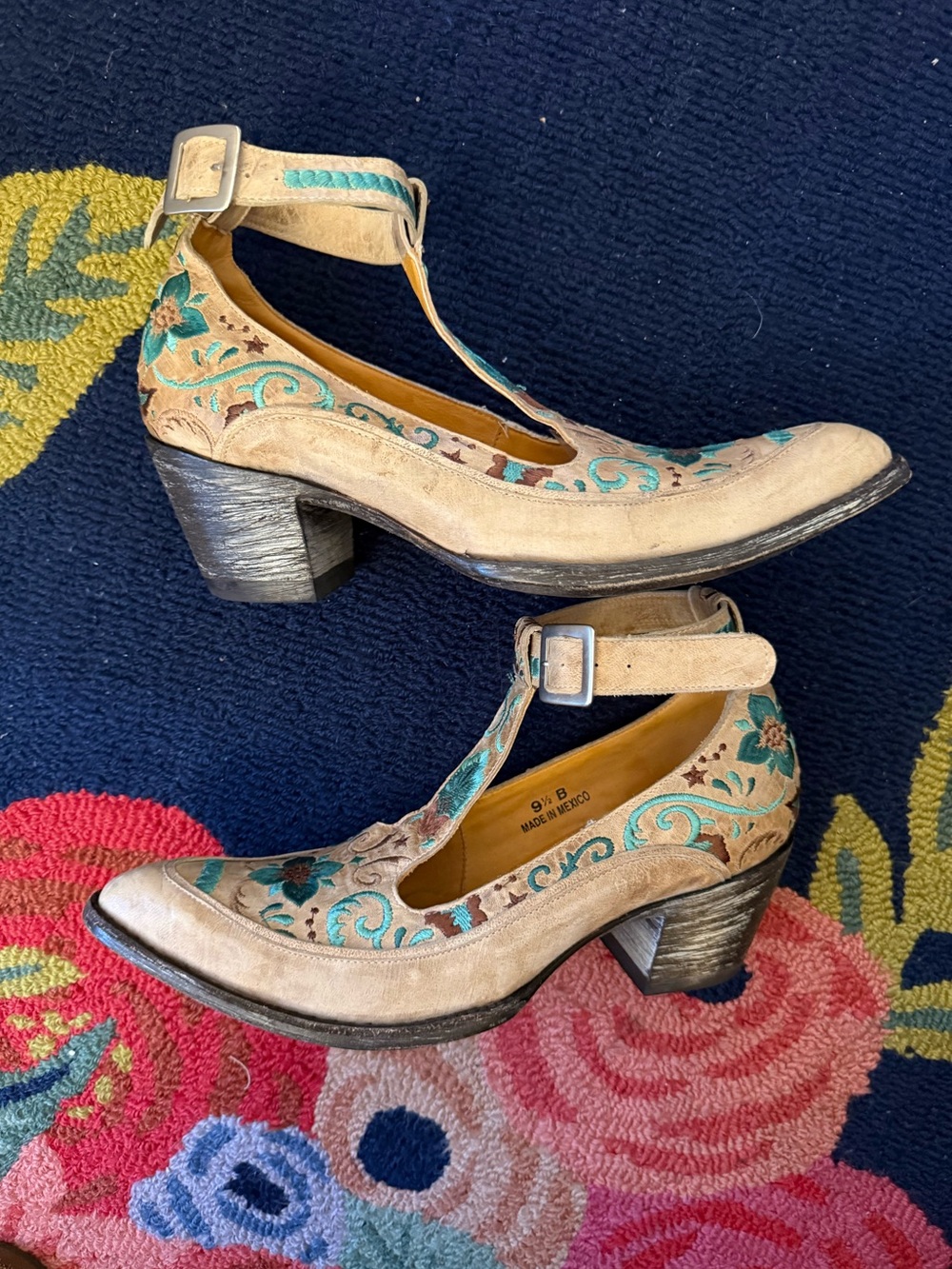 Old Gringo Rico T Strap Embroidered Western Booties Turquoise Floral Leather